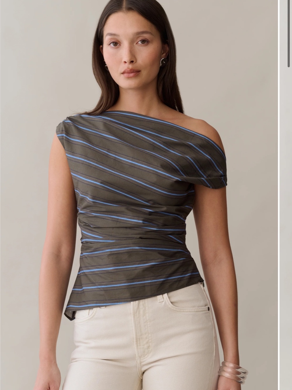 Opt One-Shoulder Striped Crop Top in Olive with Blue Trim